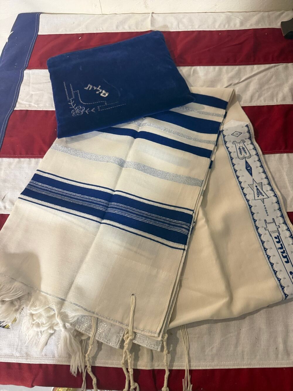 Blue & White Tallit (prayer shawl) with an Embroidered Blue Velvet Matching Bag